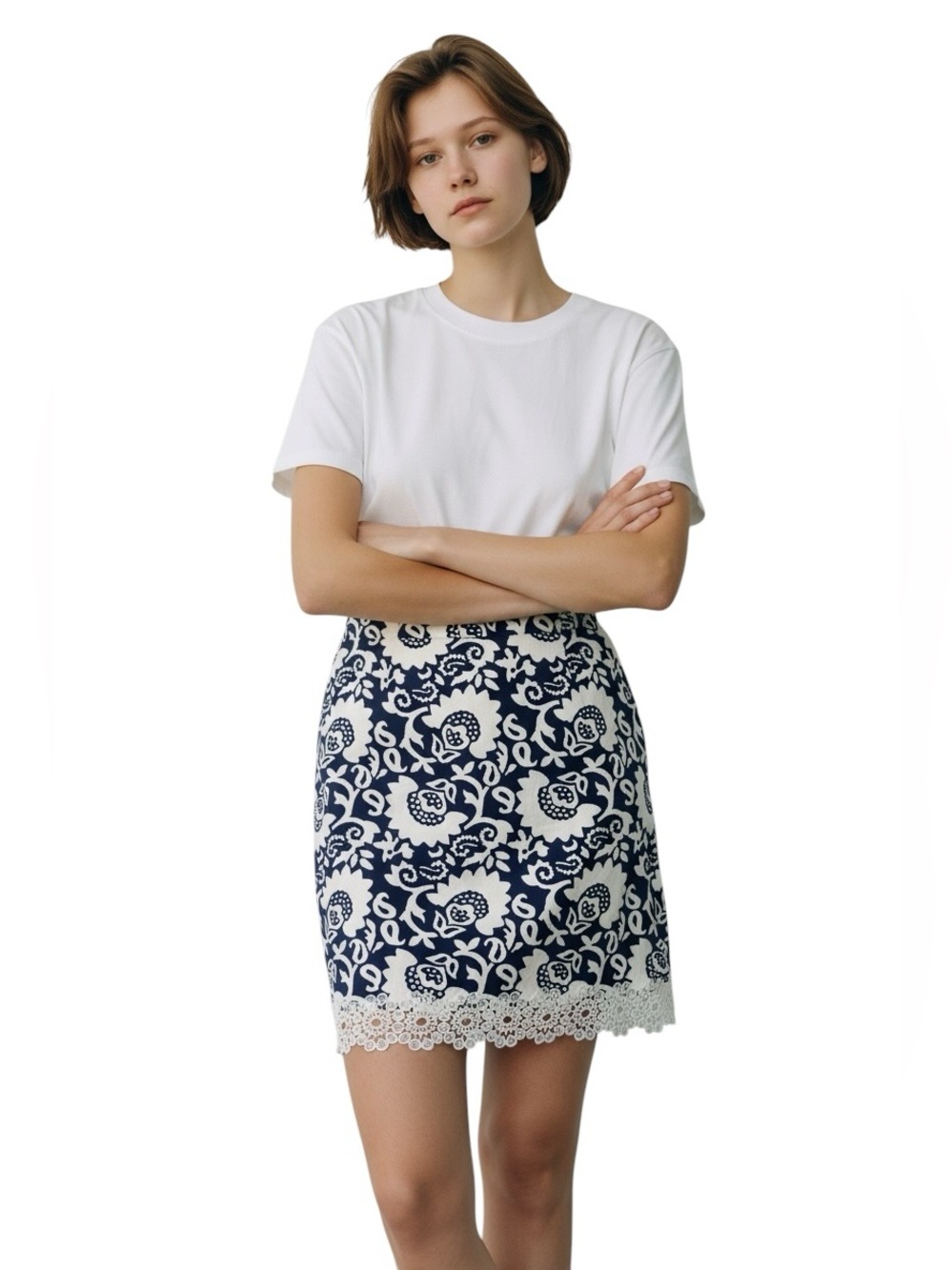 Talbots Petites Navy & White Floral Lace-Trim Skirt Sz. 10P Like New